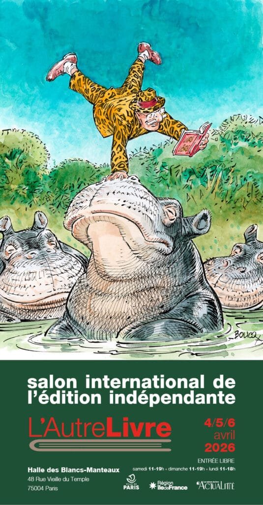 Affiche du salon international de l'édition indépendante L'Autre Livre se déroulant aux Halles des Blancs-Manteaux du 4 au 6 avril 2026